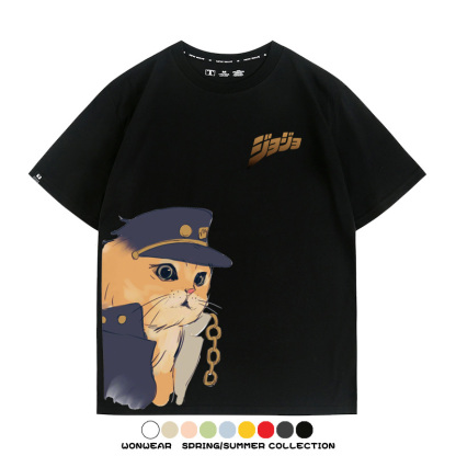 JOJO奇妙冒險聯動網紅嗷嗚貓波仔惡搞動漫短袖t-shirt