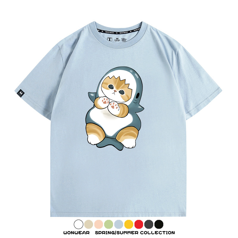 鯊魚貓福珊迪日系COS二次元卡通玩耍情侶短袖上衣純棉T恤衫夏季男寬鬆