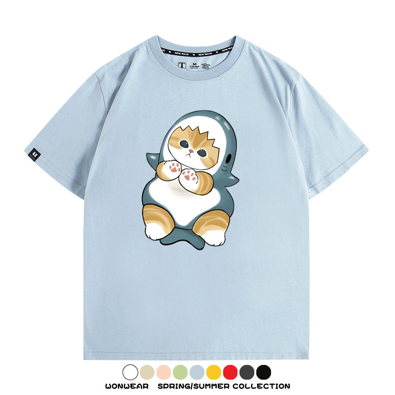 鯊魚貓福珊迪日系COS二次元卡通玩耍情侶短袖上衣純棉T恤衫夏季男寬鬆