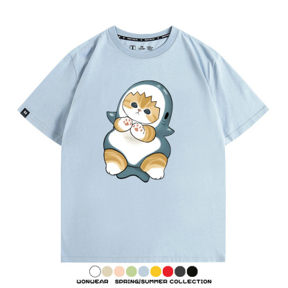 鯊魚貓福珊迪日系COS二次元卡通玩耍情侶短袖上衣純棉T恤衫夏季男寬鬆