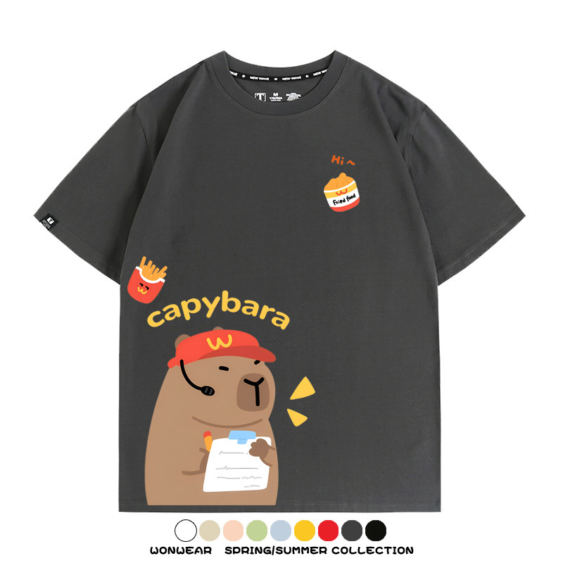 網紅水豚可愛卡皮巴拉COS麥門漢堡薯條二次元青少年夏季純棉T恤衫