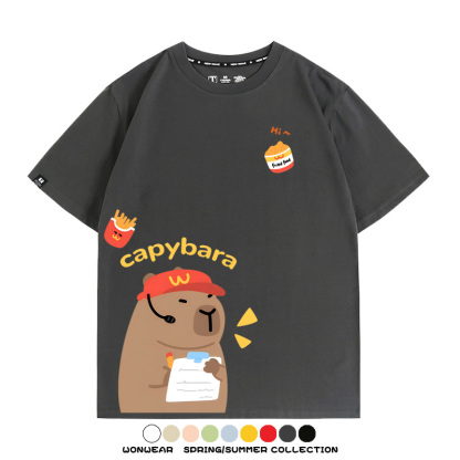網紅水豚可愛卡皮巴拉COS麥門漢堡薯條二次元青少年夏季純棉T恤衫