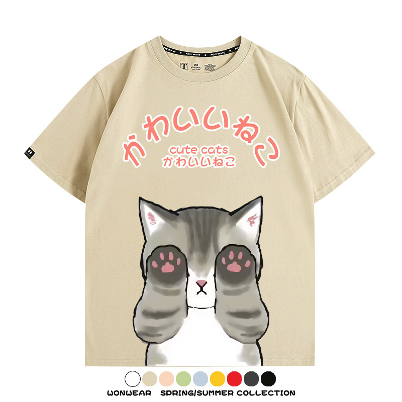 日系印花貓貓復古卡通 親子情侶裝寬鬆短袖T