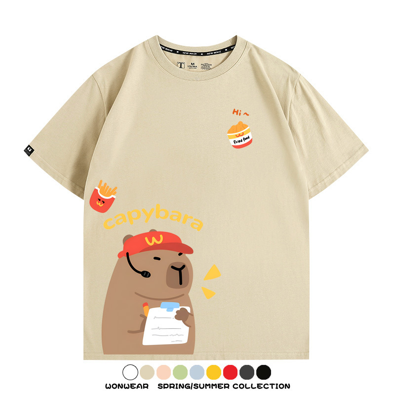網紅水豚可愛卡皮巴拉COS麥門漢堡薯條二次元青少年夏季純棉T恤衫