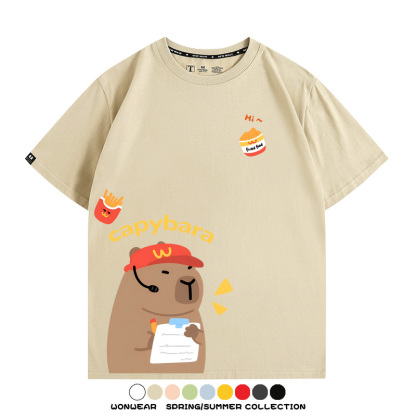 網紅水豚可愛卡皮巴拉COS麥門漢堡薯條二次元青少年夏季純棉T恤衫