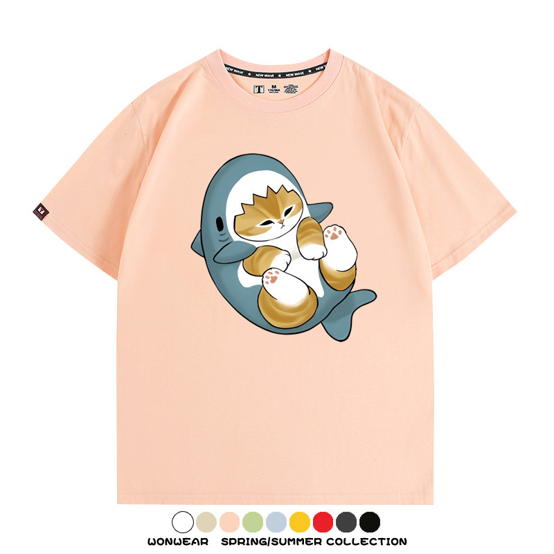 鯊魚貓福珊迪日系COS二次元卡通玩耍情侶短袖上衣純棉T恤衫夏季男寬鬆