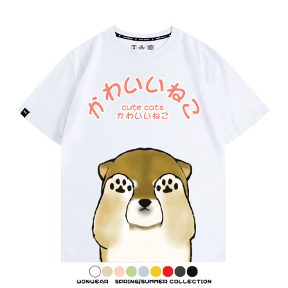 日系印花貓貓復古卡通 親子情侶裝寬鬆短袖T