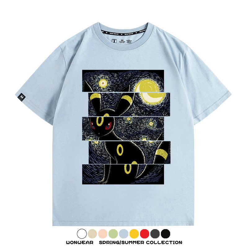 月亮伊布梵高星月夜聯名純棉t恤衫精靈寶可夢卡通動漫周邊短袖男