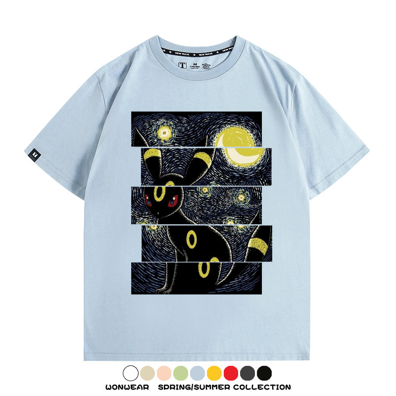 月亮伊布梵高星月夜聯名純棉t恤衫精靈寶可夢卡通動漫周邊短袖男