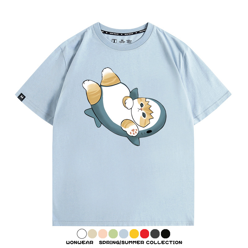 鯊魚貓福珊迪日系COS二次元卡通玩耍情侶短袖上衣純棉T恤衫夏季男寬鬆