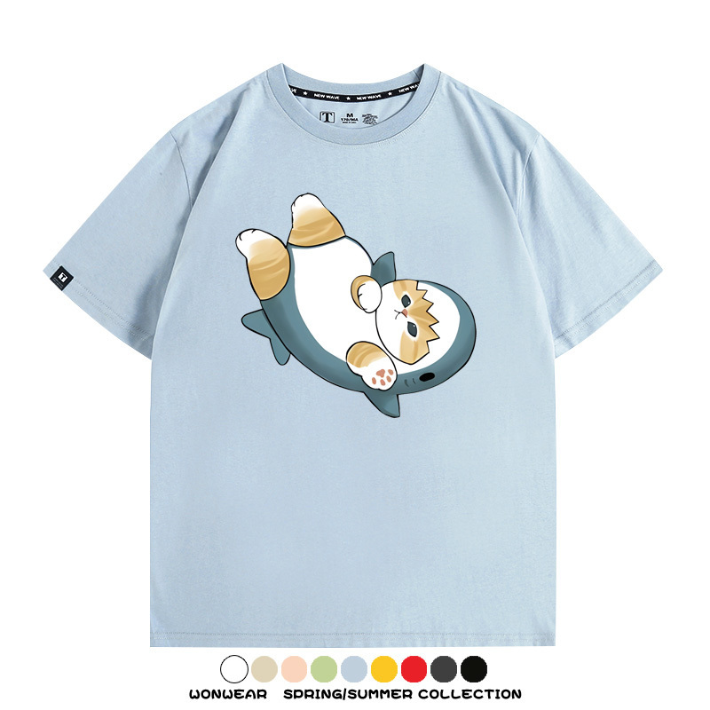 鯊魚貓福珊迪日系COS二次元卡通玩耍情侶短袖上衣純棉T恤衫夏季男寬鬆