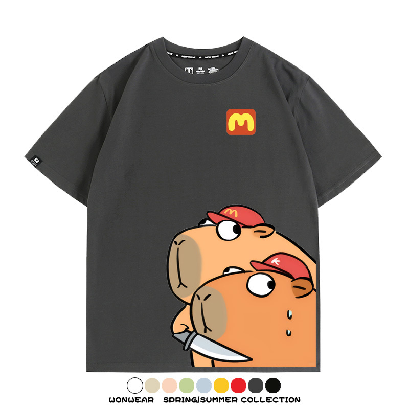 惡搞水豚卡皮巴拉麥門K記卡通聯名周邊短袖T恤衫夏季純棉男潮休閒
