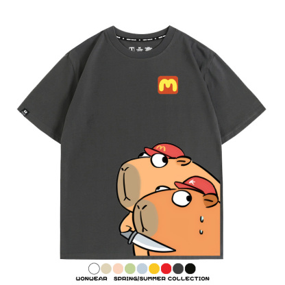 惡搞水豚卡皮巴拉麥門K記卡通聯名周邊短袖T恤衫夏季純棉男潮休閒