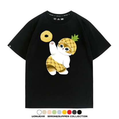 菠蘿貓福珊迪二次元情侶裝t恤衫聯名純棉圓領短袖上衣服卡通喵半袖男