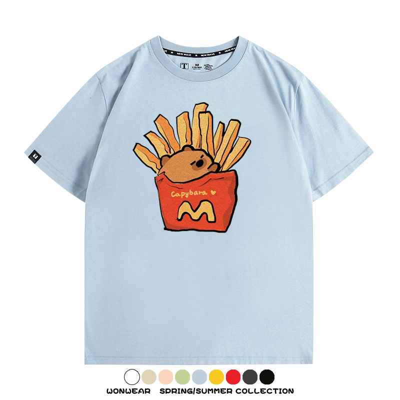 網紅水豚可愛卡皮巴拉COS麥門漢堡薯條二次元青少年夏季純棉T恤衫