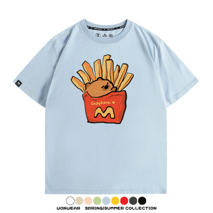 網紅水豚可愛卡皮巴拉COS麥門漢堡薯條二次元青少年夏季純棉T恤衫