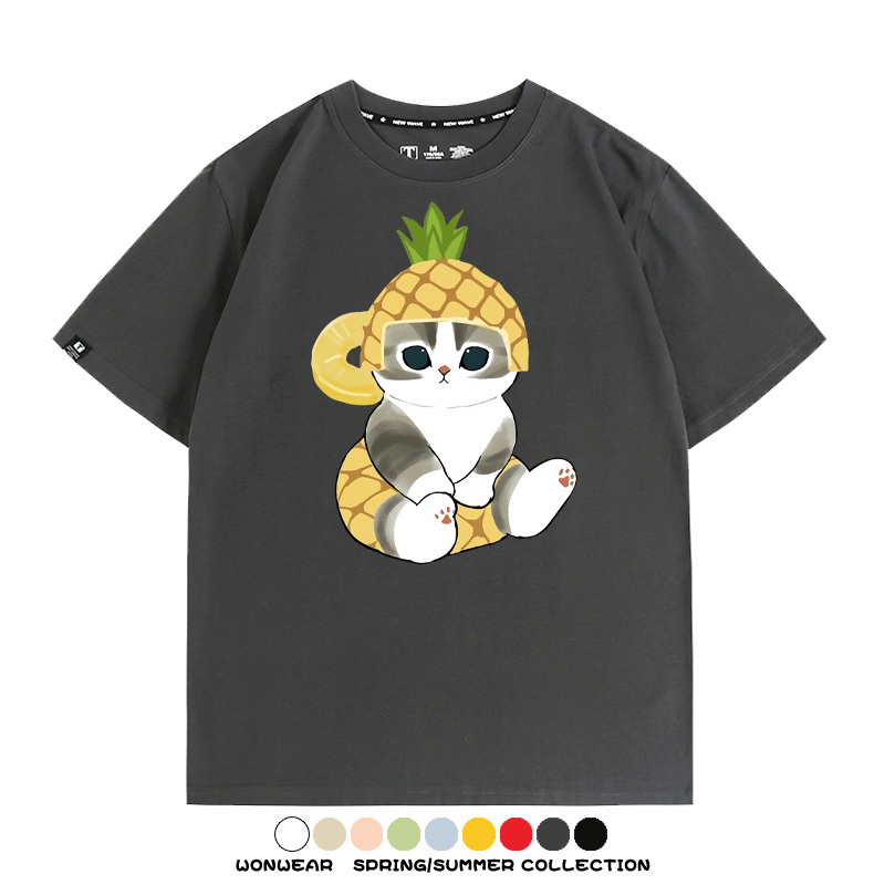 菠蘿貓福珊迪二次元情侶裝t恤衫聯名純棉圓領短袖上衣服卡通喵半袖男