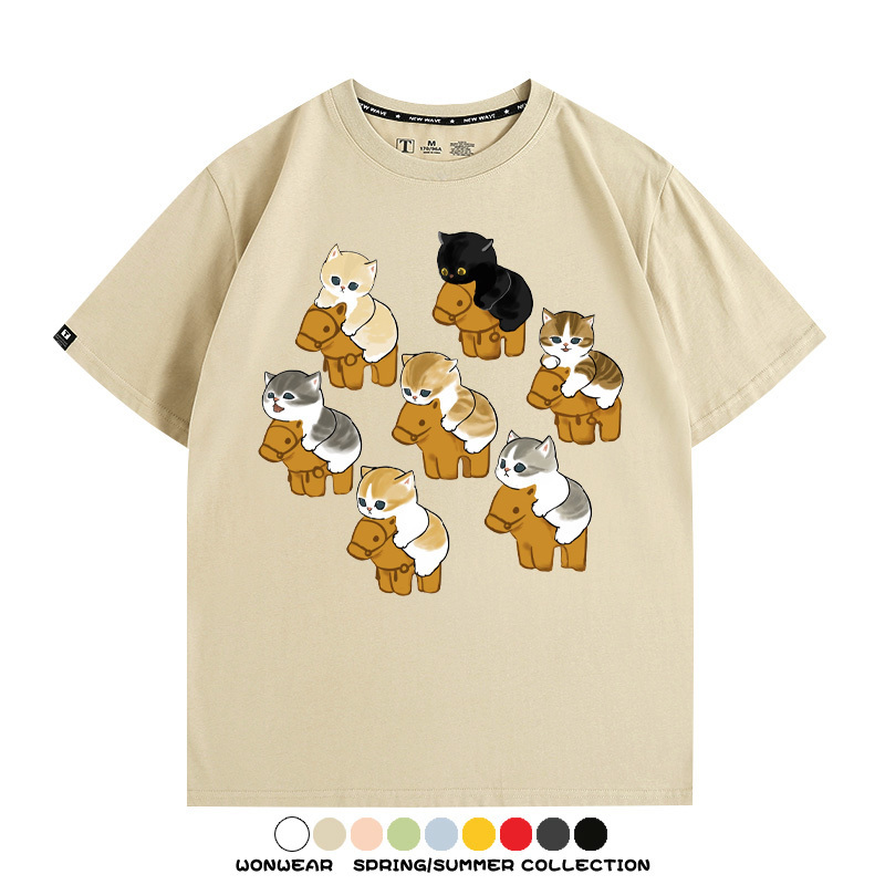 日系貓貓木馬卡通Q版 親子情侶裝寬鬆短袖T