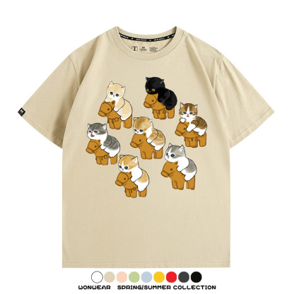 日系貓貓木馬卡通Q版 親子情侶裝寬鬆短袖T
