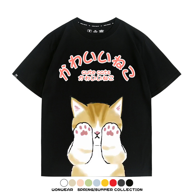 日系印花貓貓復古卡通 親子情侶裝寬鬆短袖T