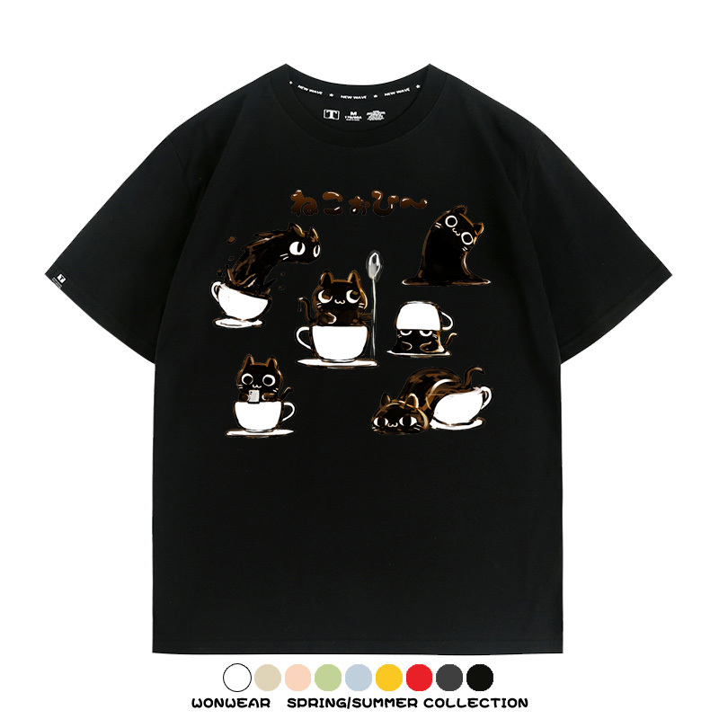 貓貓咖啡惡魔卡通可愛Q版打工人情侶短袖夏季青少年男寬鬆純棉T恤
