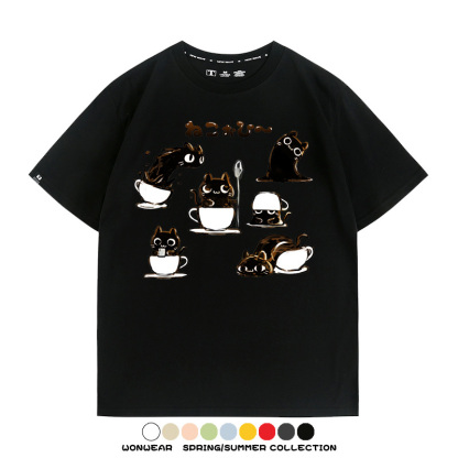 貓貓咖啡惡魔卡通可愛Q版打工人情侶短袖夏季青少年男寬鬆純棉T恤
