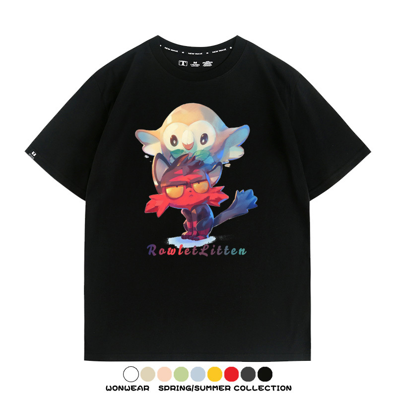 精靈寶可夢日月遊戲木木梟火斑喵卡通周邊短袖夏季男士純棉T恤衫