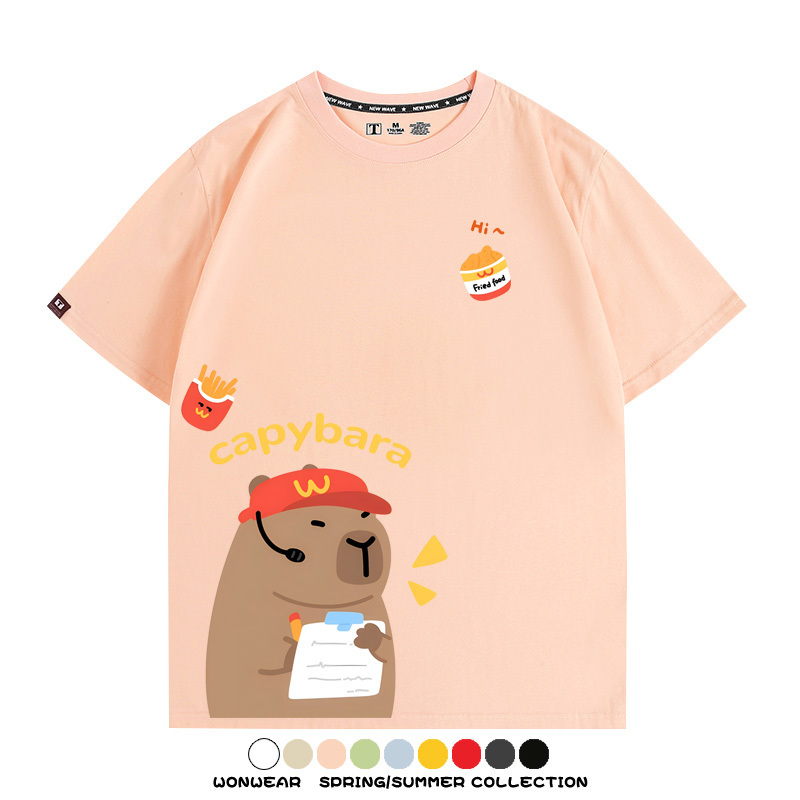 網紅水豚可愛卡皮巴拉COS麥門漢堡薯條二次元青少年夏季純棉T恤衫