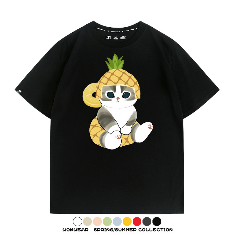 菠蘿貓福珊迪二次元情侶裝t恤衫聯名純棉圓領短袖上衣服卡通喵半袖男