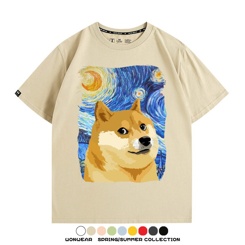 世界名畫吶喊星月夜聯名狗子柴犬 親子情侶裝寬鬆短袖T