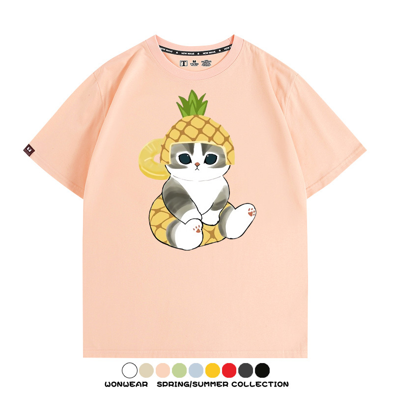 菠蘿貓福珊迪二次元情侶裝t恤衫聯名純棉圓領短袖上衣服卡通喵半袖男