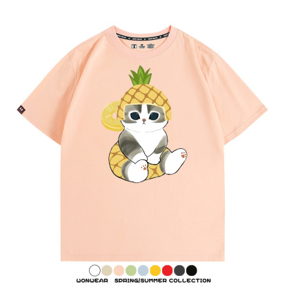 菠蘿貓福珊迪二次元情侶裝t恤衫聯名純棉圓領短袖上衣服卡通喵半袖男