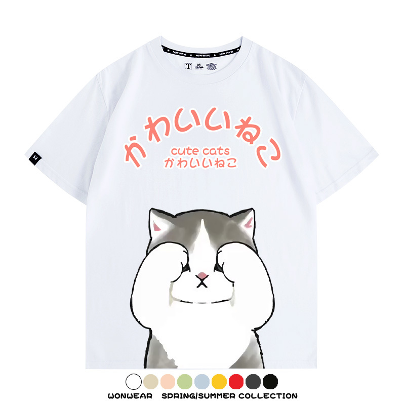 日系印花貓貓復古卡通 親子情侶裝寬鬆短袖T