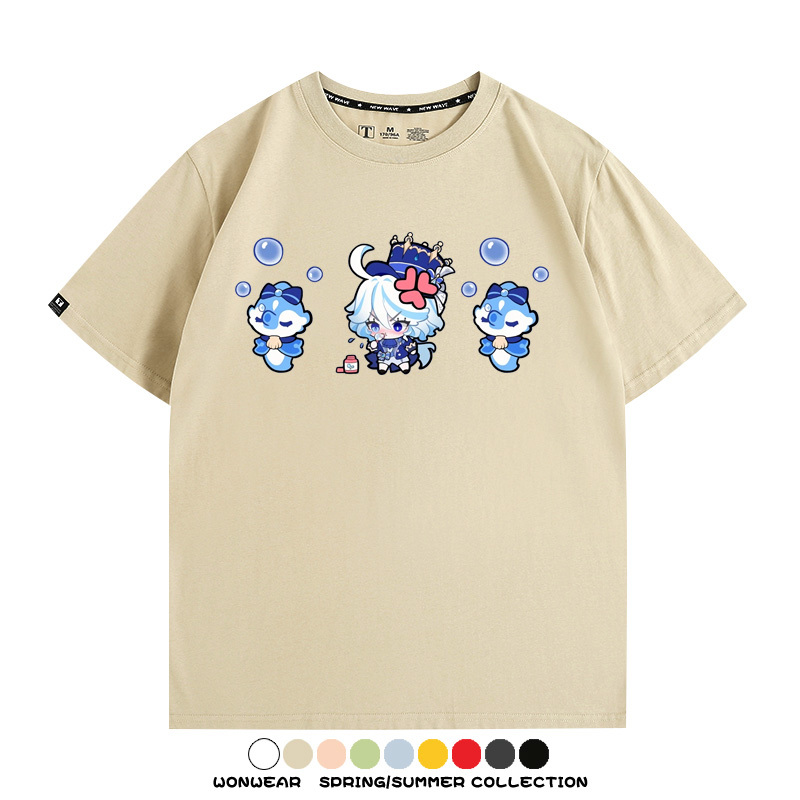 原神遊戲水神芙寧娜芙卡洛斯Q版可愛周邊短袖夏季純棉男潮T恤百搭