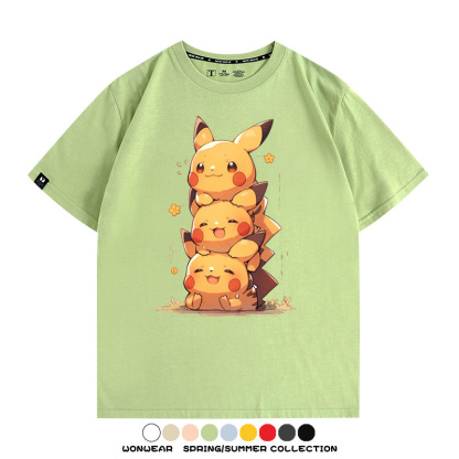 寶可夢皮卡丘可愛疊疊樂 親子情侶裝寬鬆短袖T