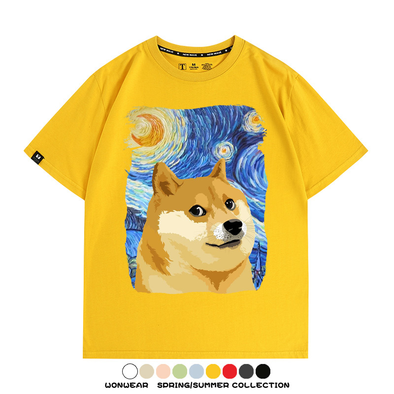 世界名畫吶喊星月夜聯名狗子柴犬 親子情侶裝寬鬆短袖T