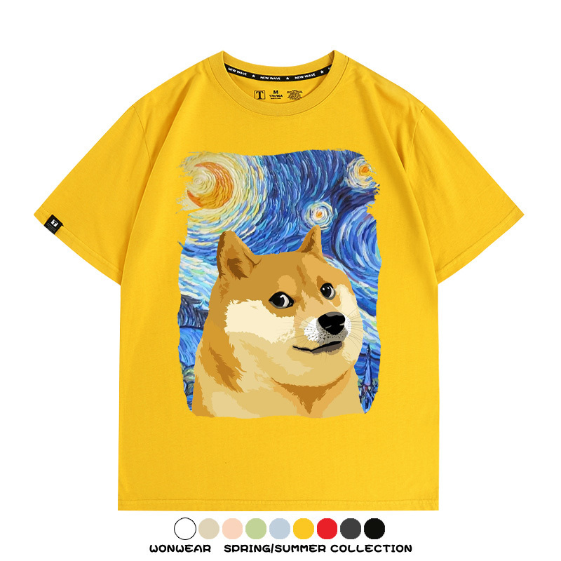 世界名畫吶喊星月夜聯名狗子柴犬 親子情侶裝寬鬆短袖T