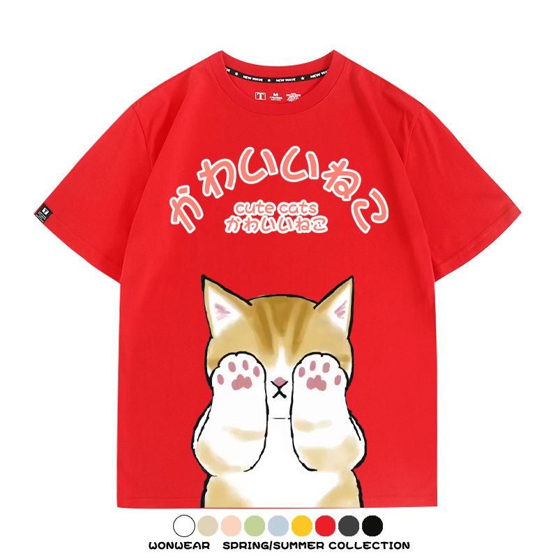 日系印花貓貓復古卡通 親子情侶裝寬鬆短袖T