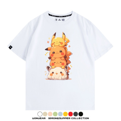 寶可夢皮卡丘可愛疊疊樂 親子情侶裝寬鬆短袖T