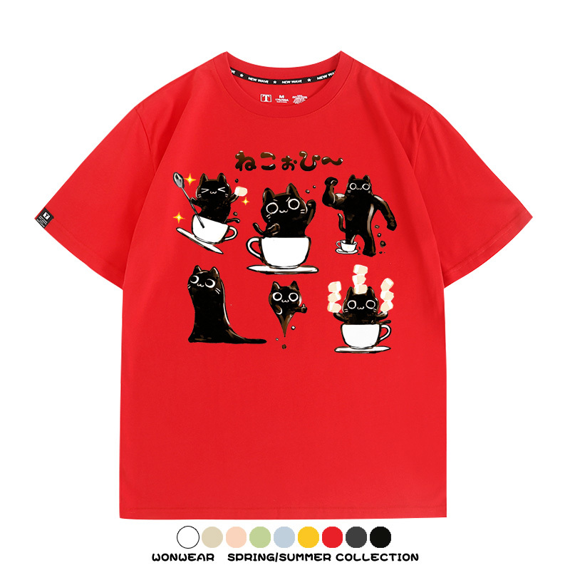 貓貓咖啡惡魔卡通可愛Q版打工人情侶短袖夏季青少年男寬鬆純棉T恤