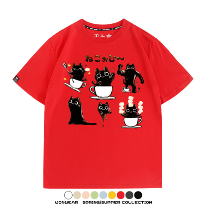 貓貓咖啡惡魔卡通可愛Q版打工人情侶短袖夏季青少年男寬鬆純棉T恤