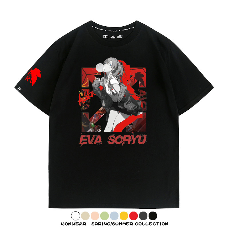 明日香日系潮牌聯名短袖動漫EVA周邊落肩純棉T恤夏青少年情侶上衣