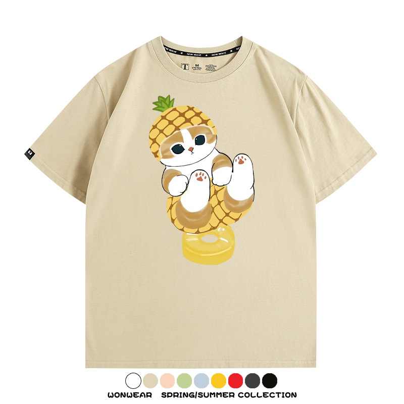 菠蘿貓福珊迪二次元情侶裝t恤衫聯名純棉圓領短袖上衣服卡通喵半袖男