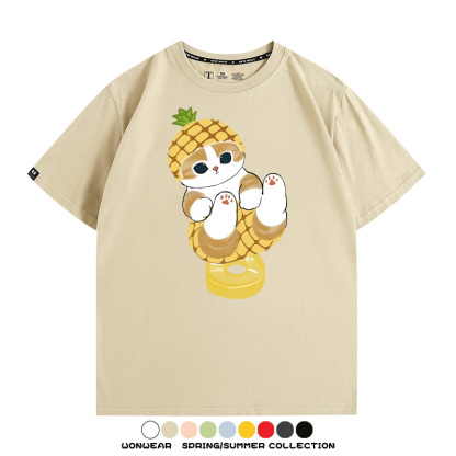 菠蘿貓福珊迪二次元情侶裝t恤衫聯名純棉圓領短袖上衣服卡通喵半袖男