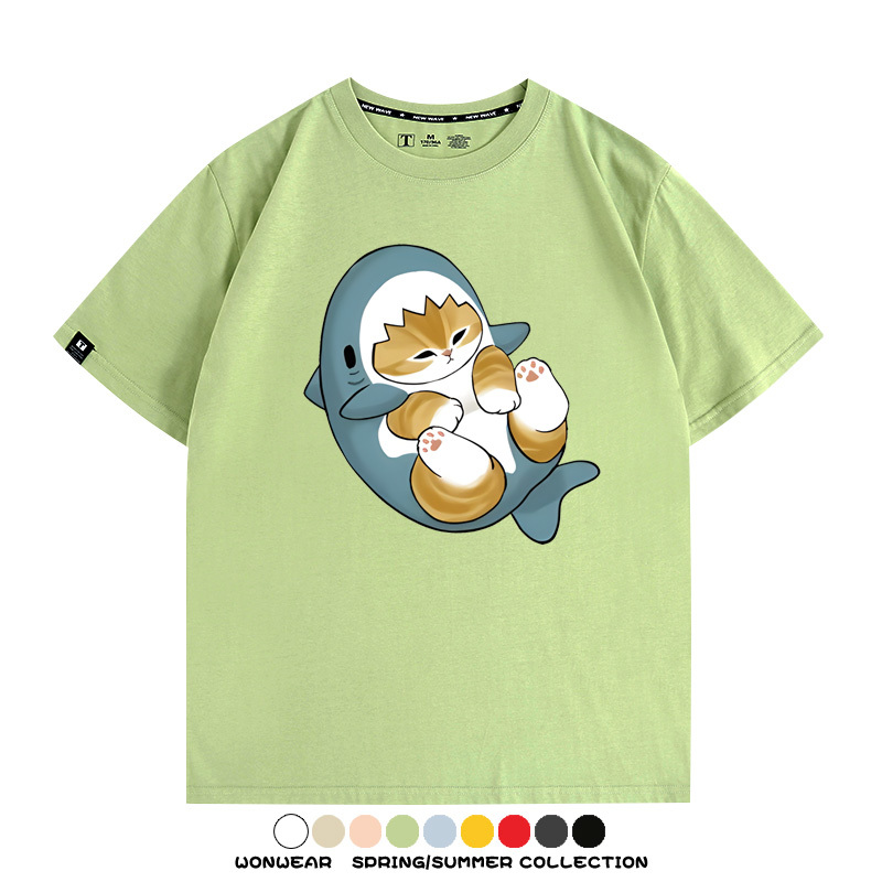 鯊魚貓福珊迪日系COS二次元卡通玩耍情侶短袖上衣純棉T恤衫夏季男寬鬆