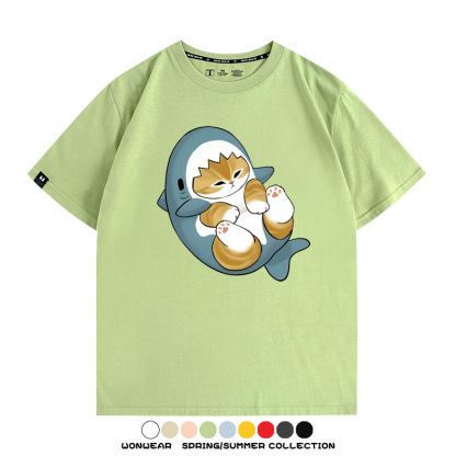 鯊魚貓福珊迪日系COS二次元卡通玩耍情侶短袖上衣純棉T恤衫夏季男寬鬆