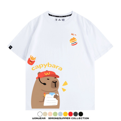 網紅水豚可愛卡皮巴拉COS麥門漢堡薯條二次元青少年夏季純棉T恤衫