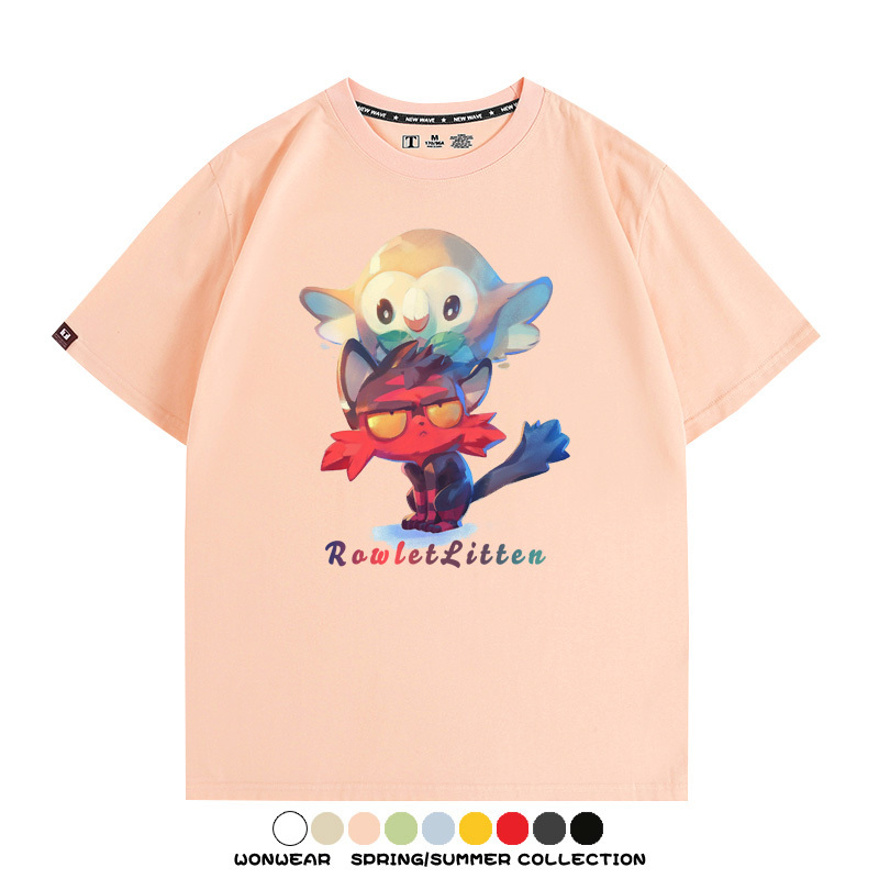 精靈寶可夢日月遊戲木木梟火斑喵卡通周邊短袖夏季男士純棉T恤衫