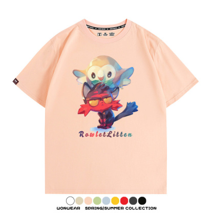 精靈寶可夢日月遊戲木木梟火斑喵卡通周邊短袖夏季男士純棉T恤衫