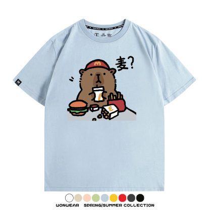 網紅水豚可愛卡皮巴拉COS麥門漢堡薯條二次元青少年夏季純棉T恤衫